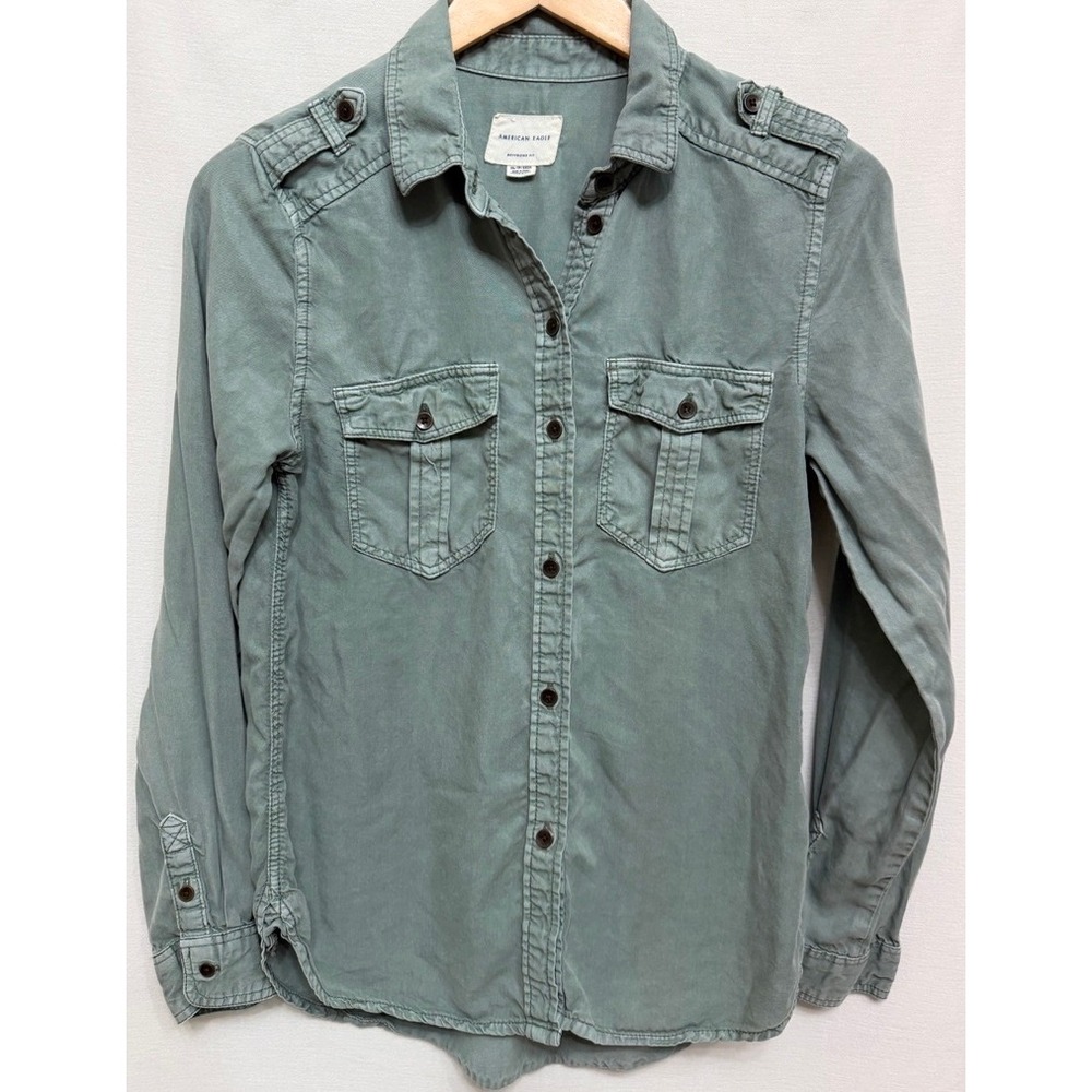 American Eagle Women's Button Up Shirt Sage Green Lyocell Utility Boyfriend XS